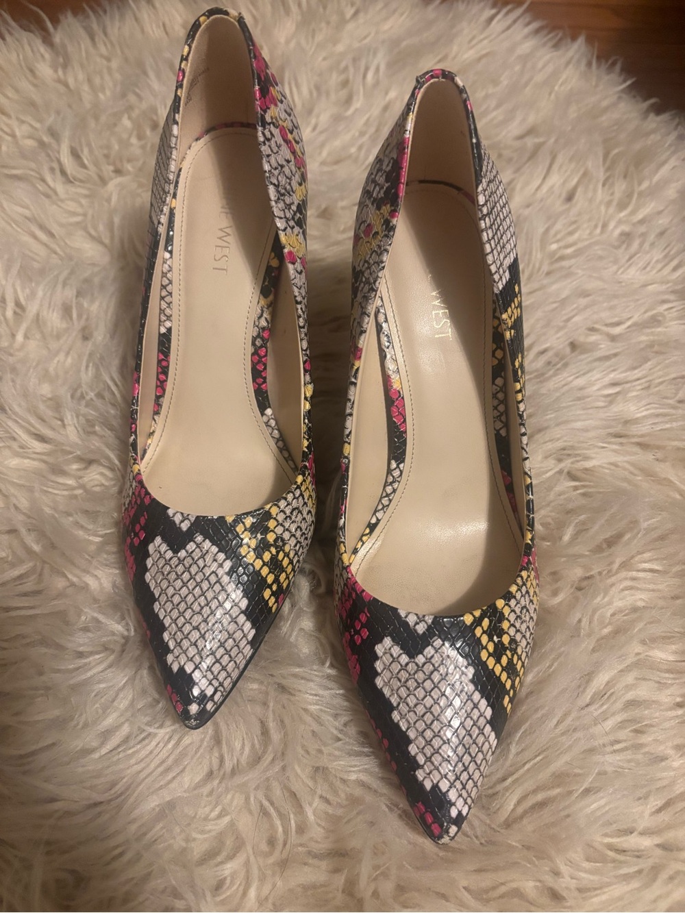 Nine West Pointed-Toe Snake-Print Pumps in Black, White, Pink & Yellow